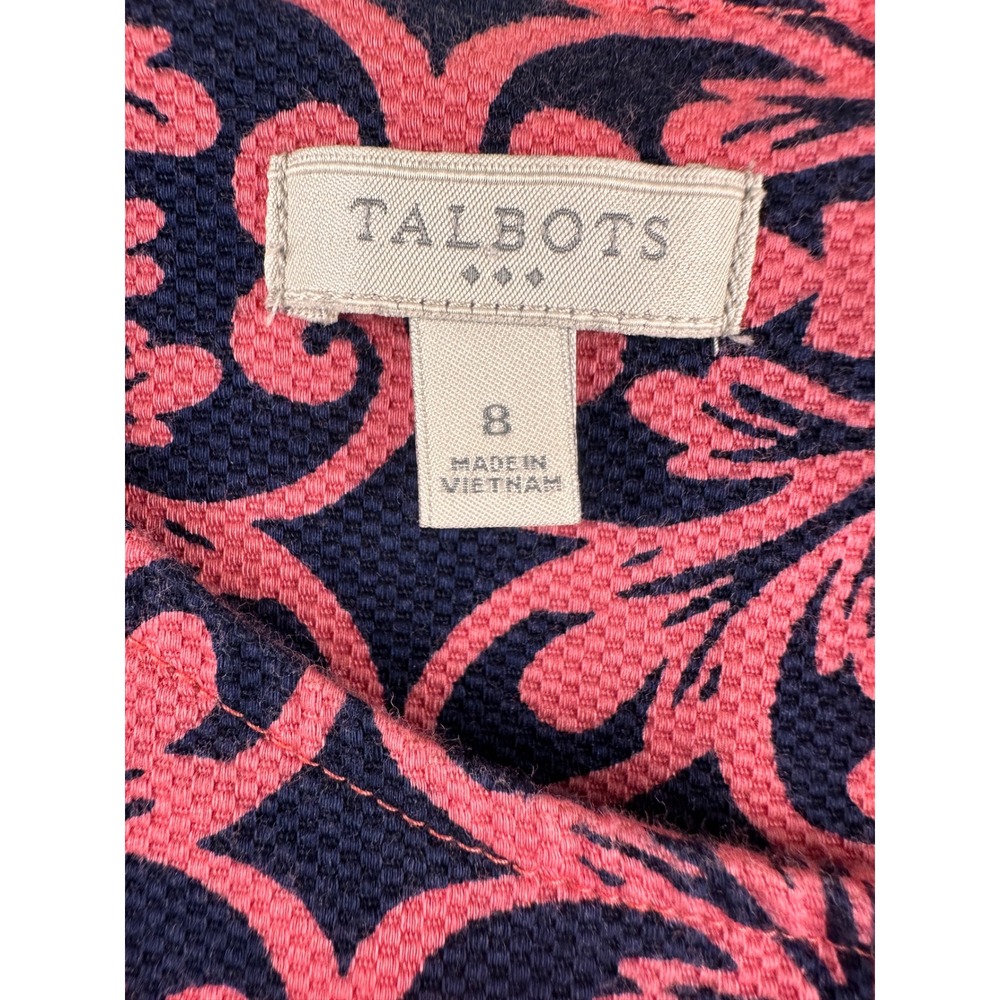 Talbots Shift Dress Women 8 Pink Navy Blue Damask Medallion Sleeveless Notched - Picture 4 of 12